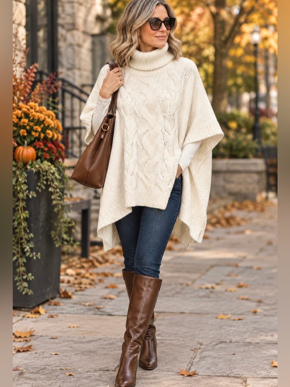 Cocogió Made in Italy Cream Cable Knit Turtleneck Poncho Cape